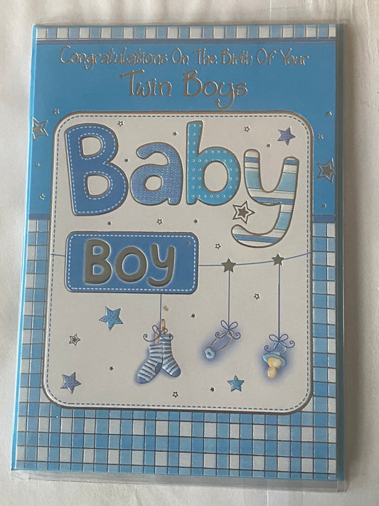 Congratulations On The Birth Of Your Twin Boys New Baby Boy Twins Boys New Baby Boys Born Birth Card Blue/White Words/Squares Foil Detail(PH34437A)