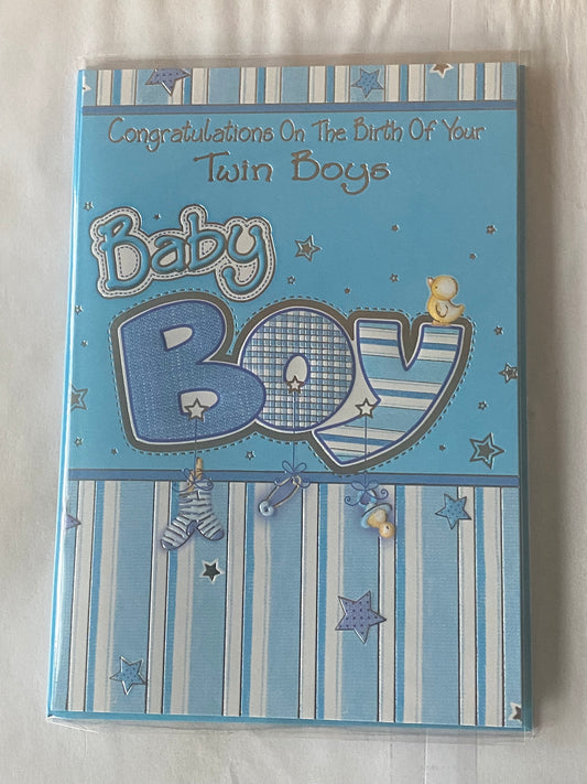 Congratulations On The Birth Of Your Twin Boys New Baby Boy Twins Boys New Baby Boys Born Birth Card Blue/White Words/Stripes Foil Detail(PH34437E)