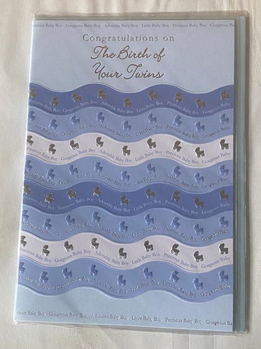 Congratulations On The Birth Of Your Twins New Baby Born Birth Card Blue/White/Silver Prams Foil Detail(PRELUDE32115)