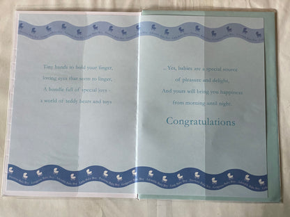 Congratulations On The Birth Of Your Twins New Baby Born Birth Card Blue/White/Silver Prams Foil Detail(PRELUDE32115)