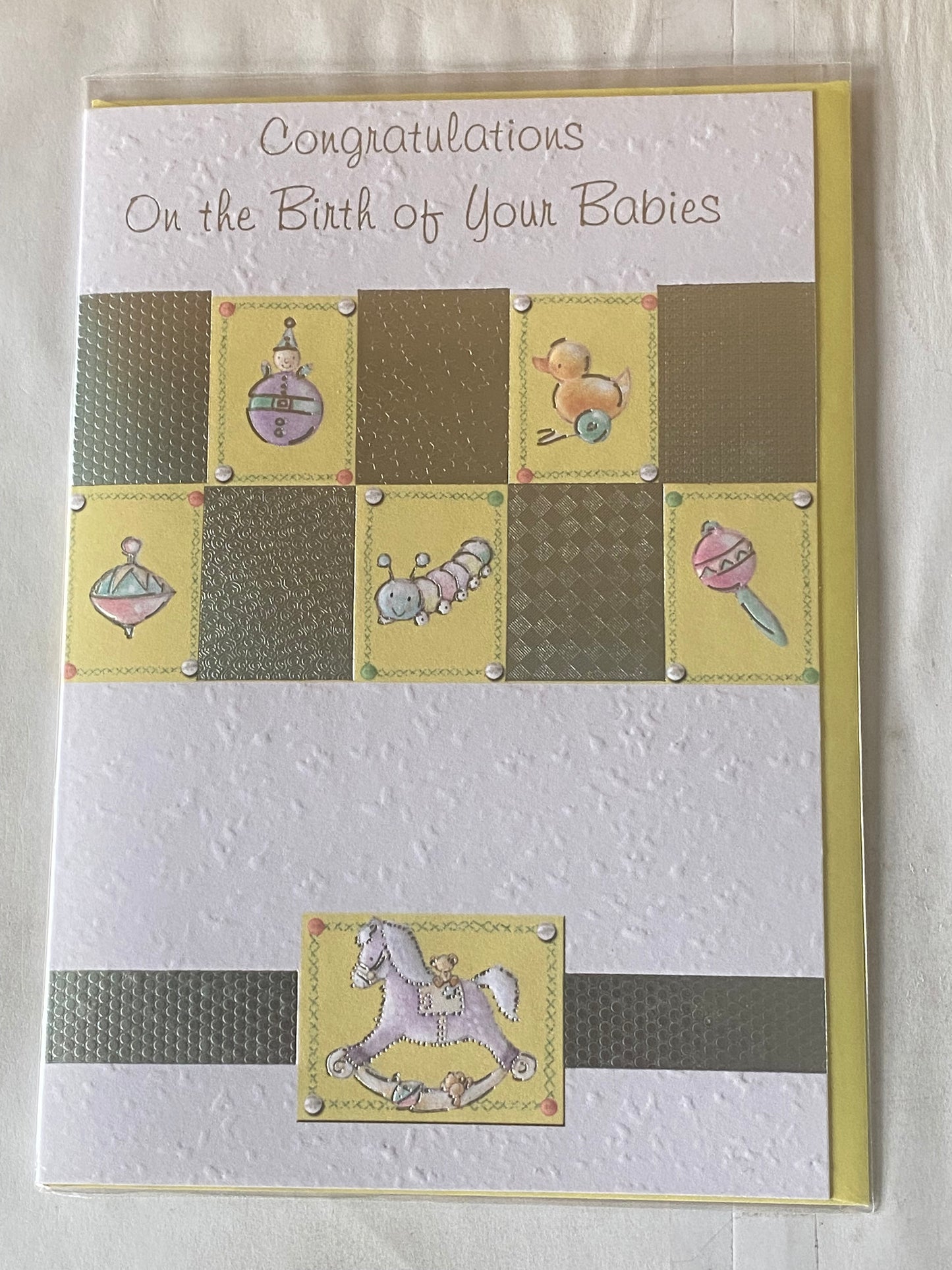 Congratulations On The Birth Of Your Babies Card Unisex/Boy/Girl Triplets Twins Quads Multiple Birth Born White-Yellow/Silver Squares Foil Detail(KI32846)