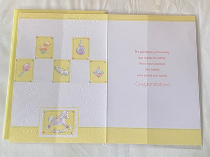 Congratulations On The Birth Of Your Babies Card Unisex/Boy/Girl Triplets Twins Quads Multiple Birth Born White-Yellow/Silver Squares Foil Detail(KI32846)