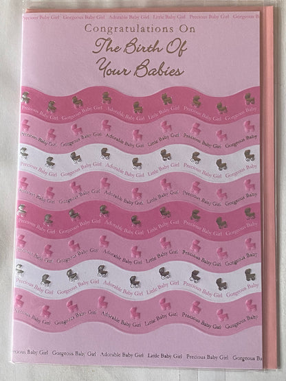 Congratulations On The Birth Of Your Babies Card Girl Triplets Twins Quads Multiple Birth Girls Born Pink/White/Silver Prams/Words Foil Detail(PRELUDE32116)