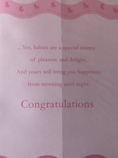 Congratulations On The Birth Of Your Babies Card Girl Triplets Twins Quads Multiple Birth Girls Born Pink/White/Silver Prams/Words Foil Detail(PRELUDE32116)