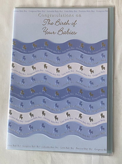 Congratulations On The Birth Of Your Babies Card Boy Triplets Twins Quads Multiple Birth Boys Born Blue/White/Silver Prams/Words Foil Detail(PRELUDE32115)