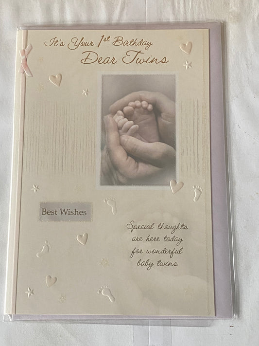 It's Your 1st Birthday Dear Twins Best Wishes Twins 1st First Birthday Card Tiny Feet/Hands/Words Glitter/Foil Detail(WS30287)