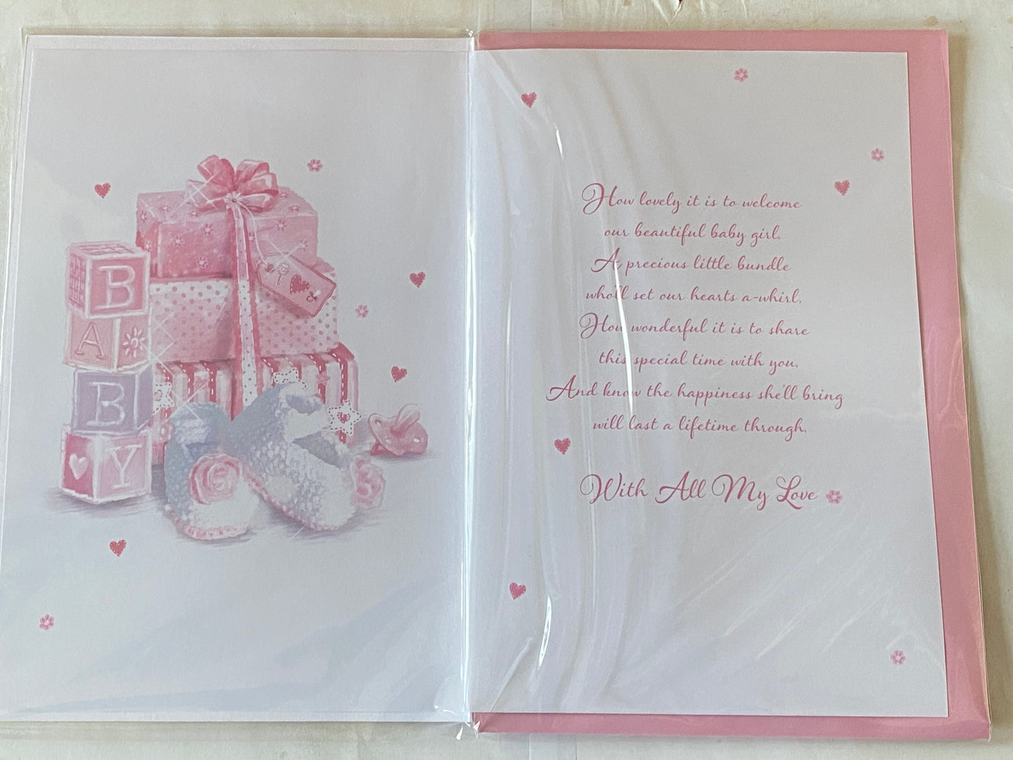 On The Birth of Our Beautiful Daughter Adorable And Sweet New Baby Boy Born Birth Card White/Pink Presents/Booties 3D/Glitter/Foil Detail(PRELUDE43080)