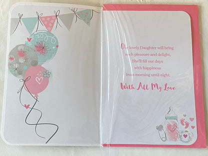 On The Birth of Our Beautiful Daughter with Love New Baby Girl Card Grey/Pink/Green/Gold Balloons/Words Gems/Glitter/Foil Detail(PRELUDE45550)