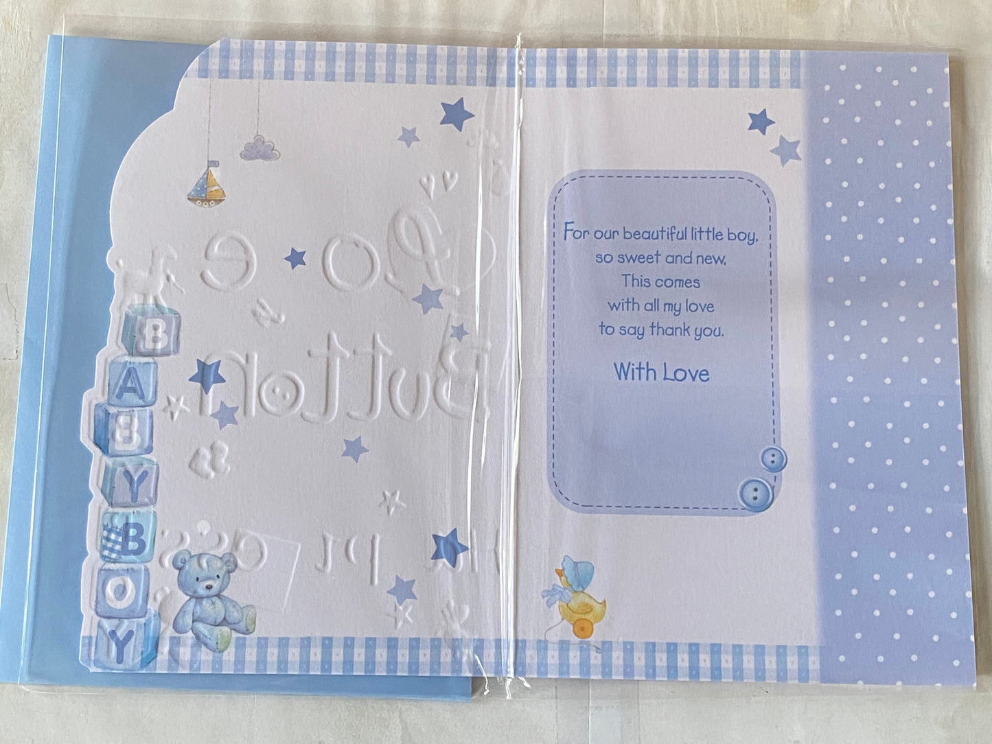 With All My Love & Thanks On The Birth of Our Beautiful Son A Little Bundle Of Love Cute AS A Button Laughter Sunshine & Happiness New Baby Boy Born Birth Card Words Foil Detail(KINGSLEY35878)