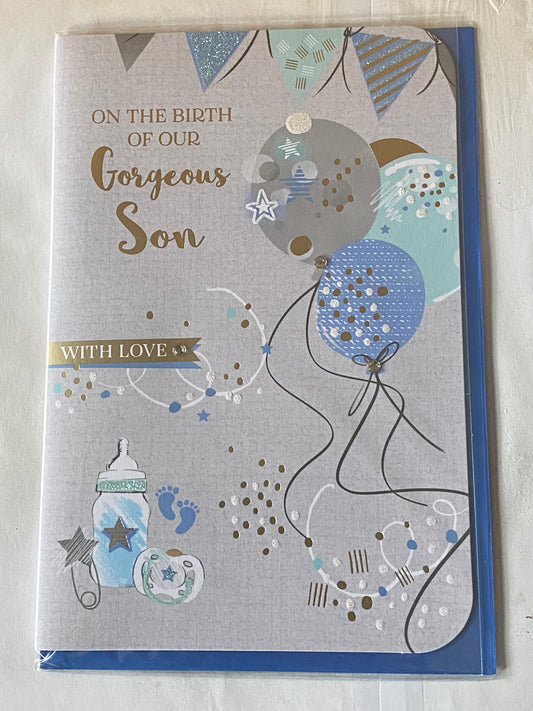 On The Birth Of Our Gorgeous Son With Love New Baby Boy Born Birth Card Grey/Blue/Green/Silver Balloons/Words Gems/Glitter/Foil Detail(PRELUDE45546)