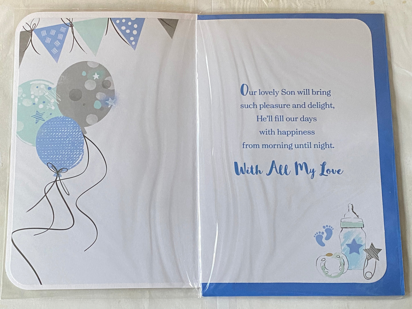 On The Birth Of Our Gorgeous Son With Love New Baby Boy Born Birth Card Grey/Blue/Green/Silver Balloons/Words Gems/Glitter/Foil Detail(PRELUDE45546)