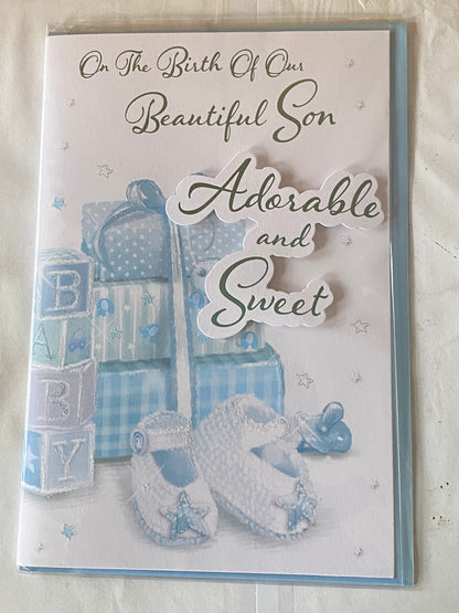 On The Birth of Our Beautiful Son Adorable And Sweet New Baby Boy Born Birth Card White/Blue Presents/Booties 3D/Glitter/Foil Detail(PRELUDE43079)