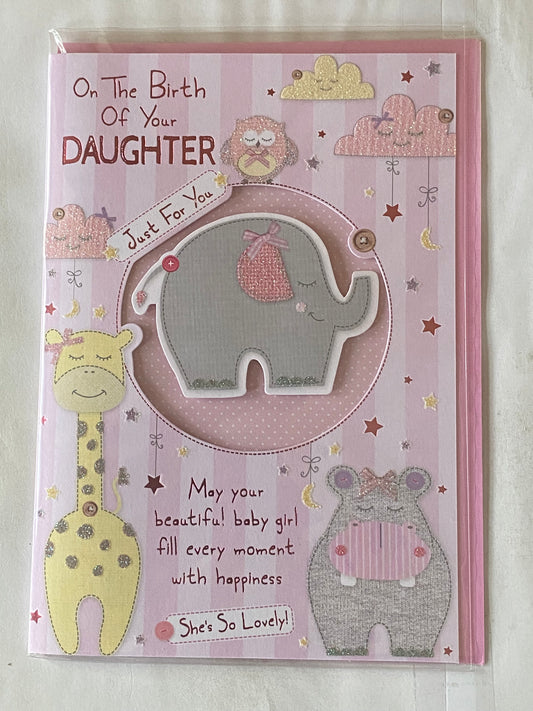 On The Birth Of Your Daughter Just For You New Baby Girl Born Birth Card Elephant/Pink Stripes 3D/Foil(PRELUDE41477)