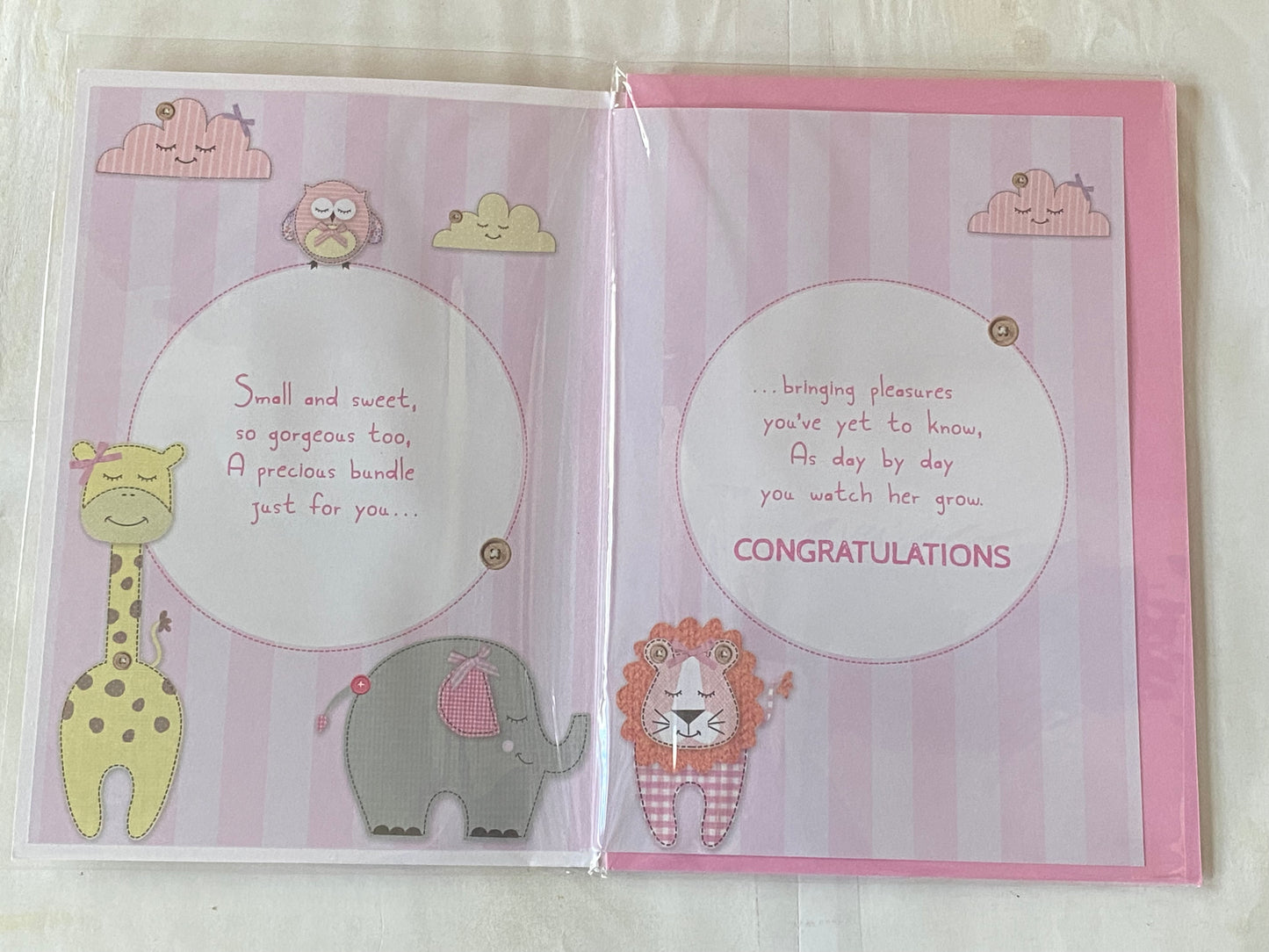 On The Birth Of Your Daughter Just For You New Baby Girl Born Birth Card Elephant/Pink Stripes 3D/Foil(PRELUDE41477)