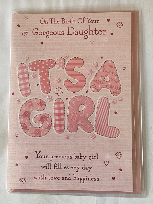 On The Birth of Your Gorgeous Daughter It's A Girl New Baby Girl Born Card Pink Words Foil Detail(PH44444A)