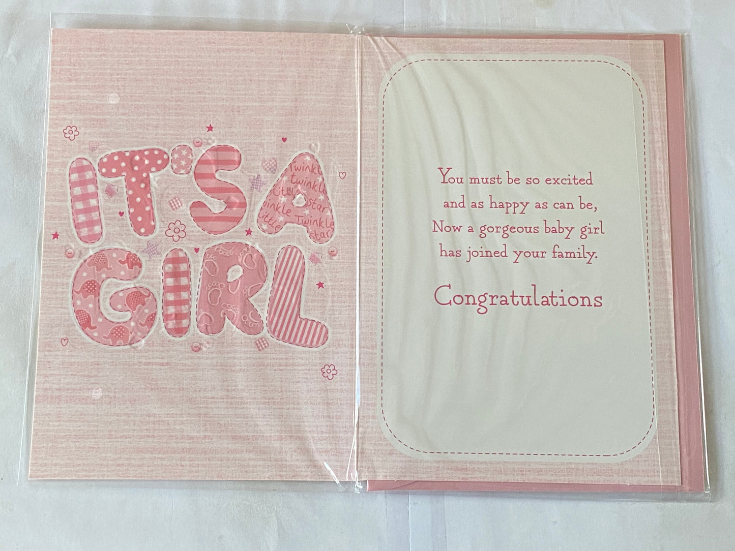 On The Birth of Your Gorgeous Daughter It's A Girl New Baby Girl Born Card Pink Words Foil Detail(PH44444A)