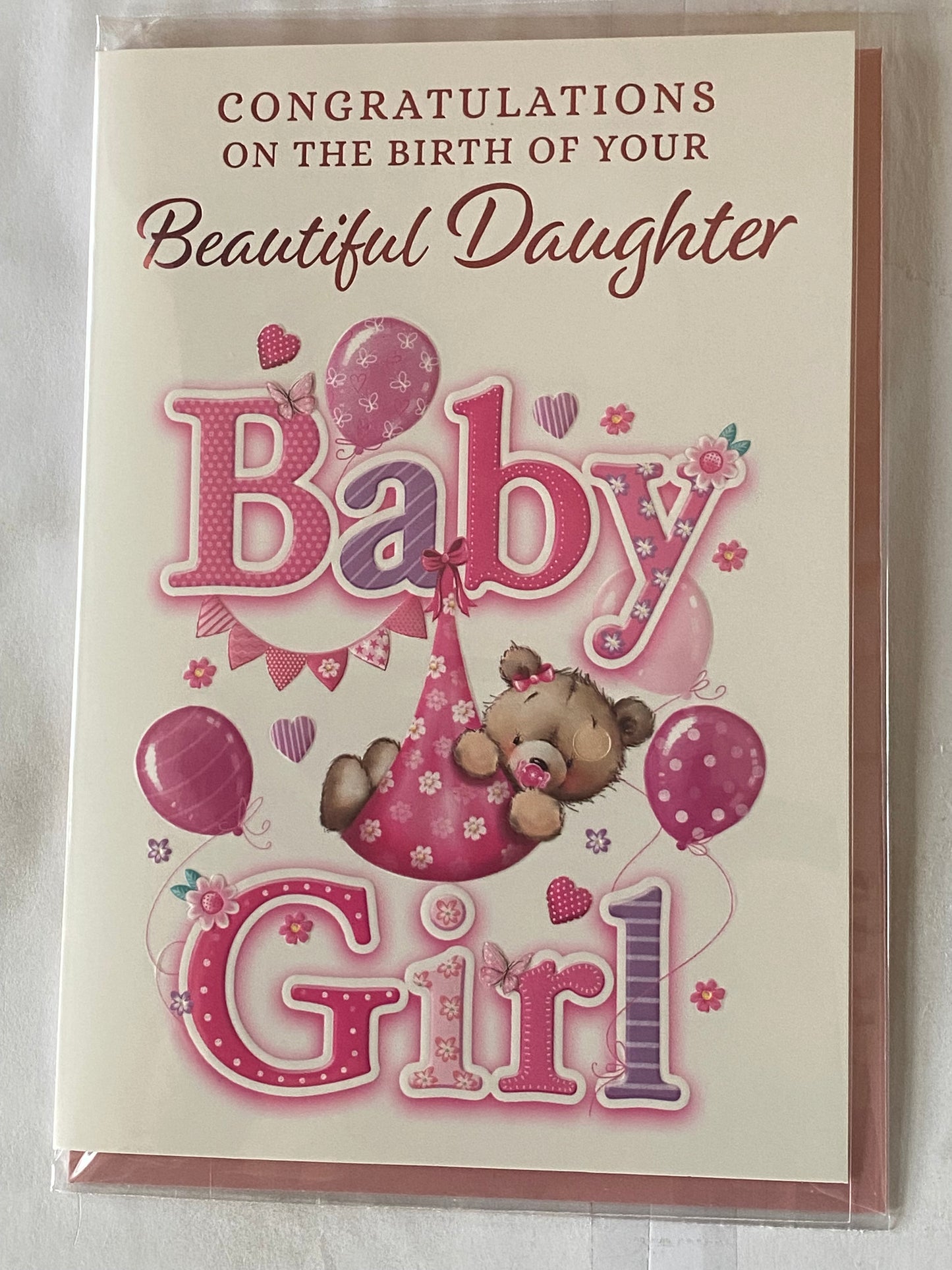 Congratulations On The Birth of Your Beautiful Daughter New Baby Girl Born Card Teddy/Pink Blanket/Pink Balloons Foil Detail(VA214A)