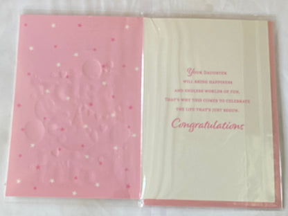 Congratulations On The Birth of Your Beautiful Daughter New Baby Girl Born Card Teddy/Pink Blanket/Pink Balloons Foil Detail(VA214A)