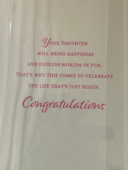 Congratulations On The Birth of Your Beautiful Daughter New Baby Girl Born Card Teddy/Pink Blanket/Pink Balloons Foil Detail(VA214A)