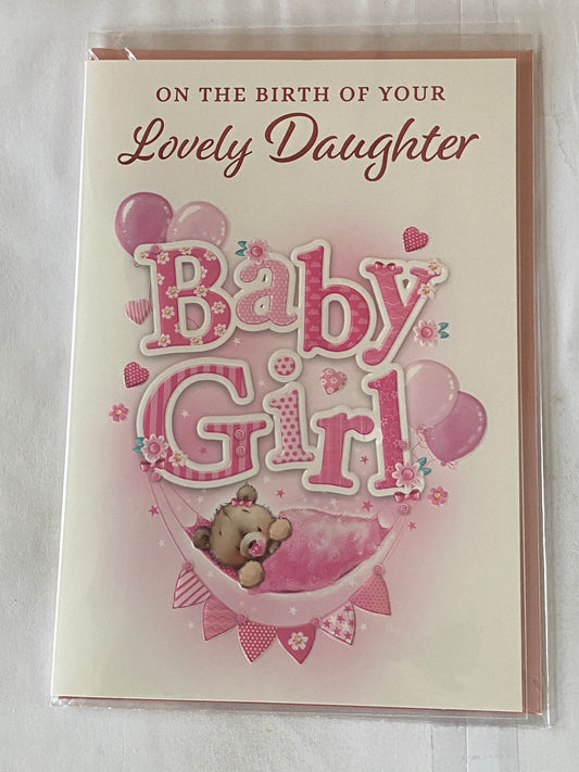 On The Birth of Your Lovely Daughter New Baby Girl Born Card Teddy/Pink Hammock/Pink Balloons Foil Detail(VA214E)