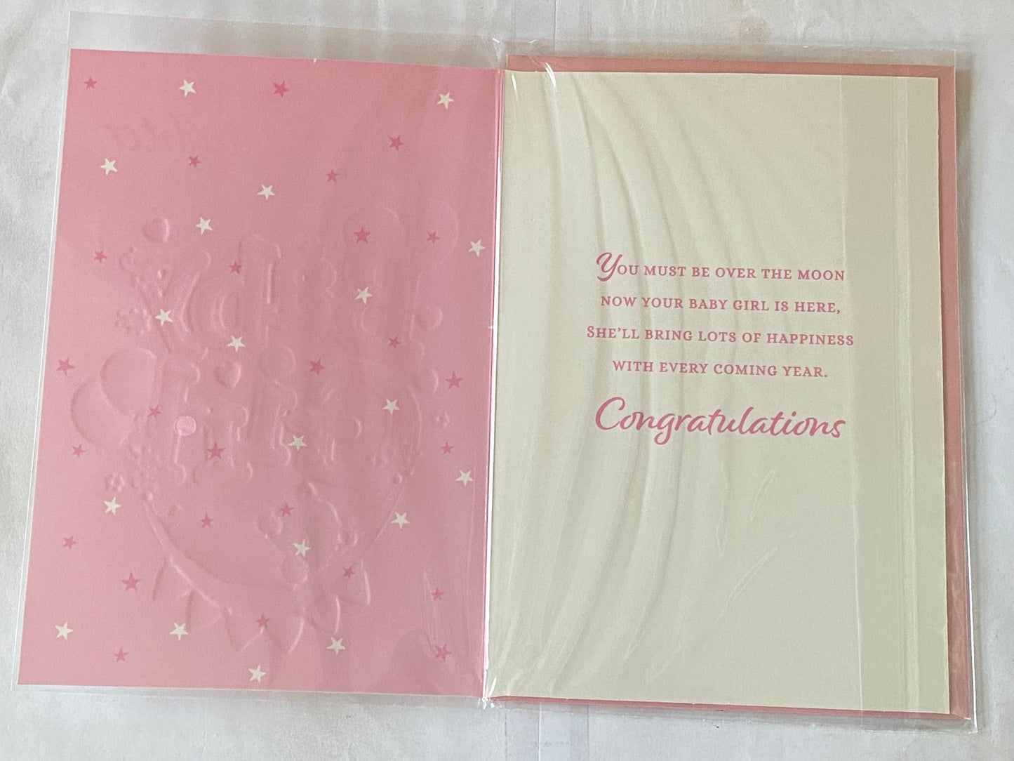 On The Birth of Your Lovely Daughter New Baby Girl Born Card Teddy/Pink Hammock/Pink Balloons Foil Detail(VA214E)