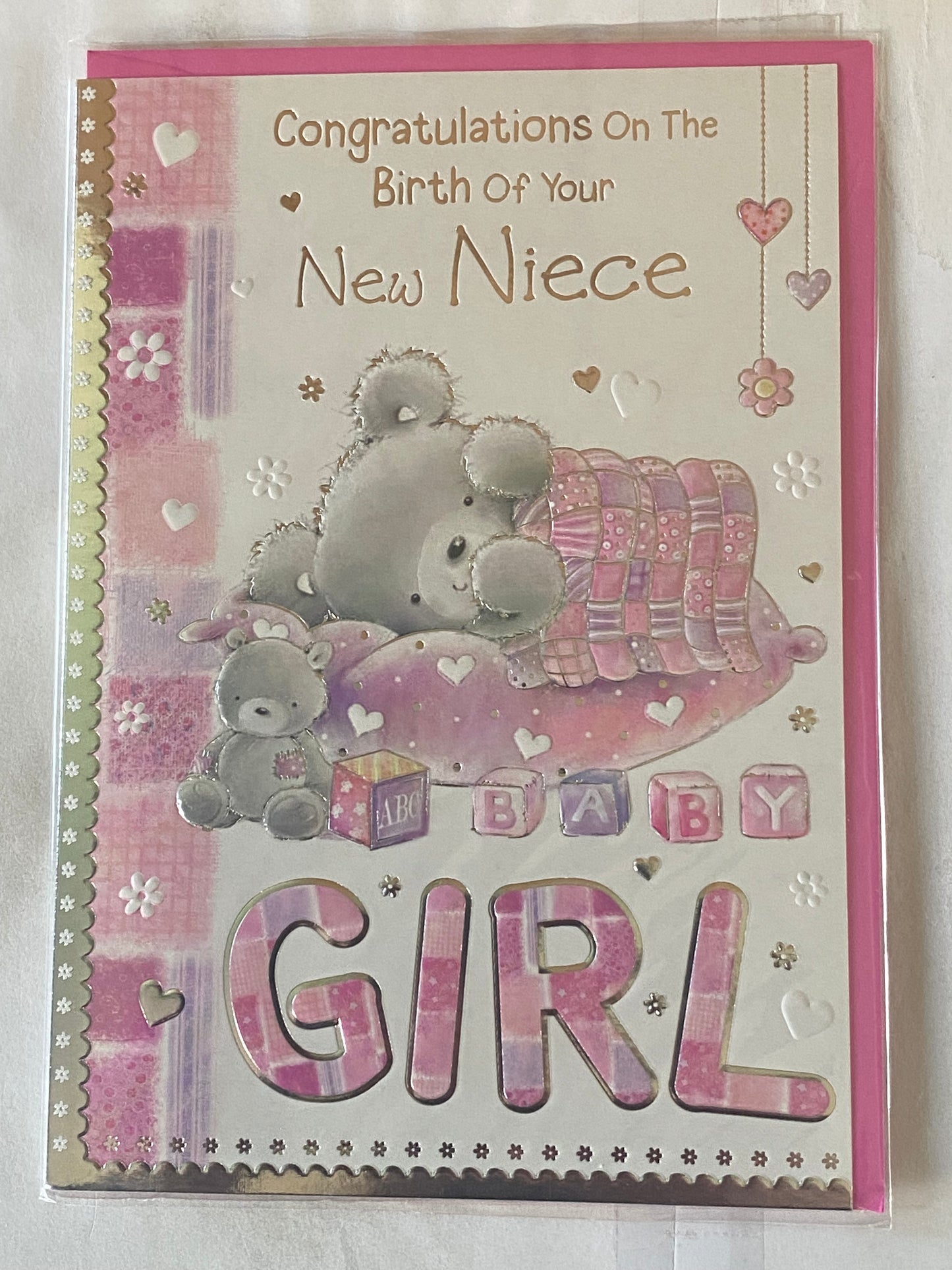 Congratulations On The Birth Of Your New Niece New Baby Girl Born Card Grey Teddy/Pink Check Blanket Foil Detail(PH37265E)