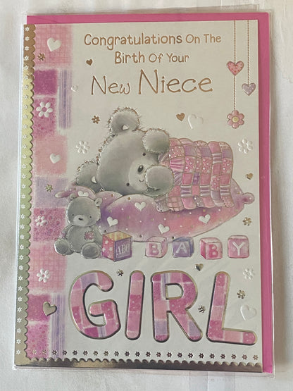 Congratulations On The Birth Of Your New Niece New Baby Girl Born Card Grey Teddy/Pink Check Blanket Foil Detail(PH37265E)