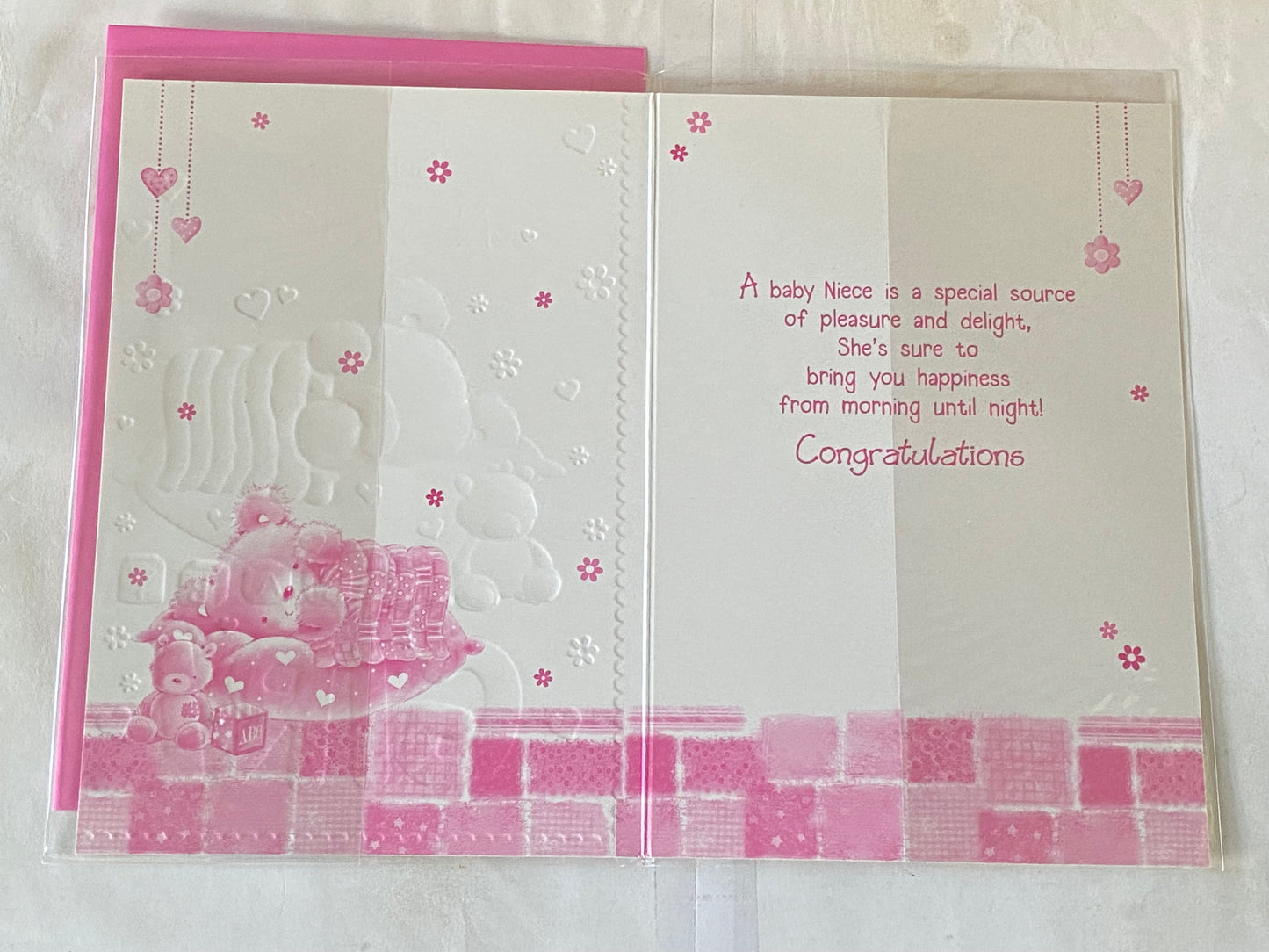 Congratulations On The Birth Of Your New Niece New Baby Girl Born Card Grey Teddy/Pink Check Blanket Foil Detail(PH37265E)