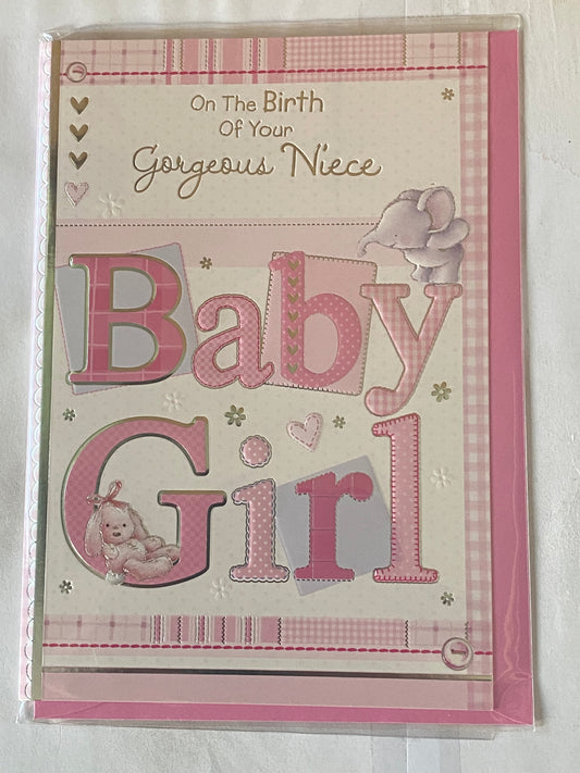 On The Birth of Your Gorgeous Niece Baby Girl New Baby Born Card White/Pink Elephant/Rabbit Foil Detail (PH38863E)