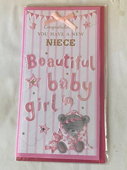 Congratulations You Have A New Niece Beautiful Baby Girl Birth Of Your Niece New Baby Born Card White/Pink Teddy/Blanket/Stripes/Words Ribbon/Foil Detail(PRELUDE39821)