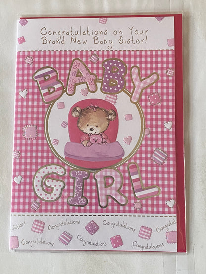 Congratulations On Your Brand New Baby Sister! Baby Girl Born Card Birth Of Your Sister White/Pink/Silver Teddy/Squares Foil Detail(KI32857)