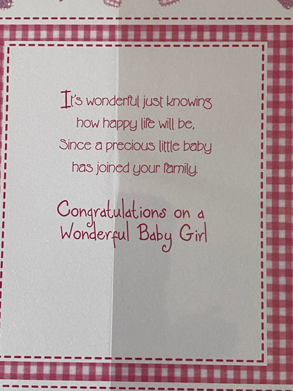 Congratulations On Your Brand New Baby Sister! Baby Girl Born Card Birth Of Your Sister White/Pink/Silver Teddy/Squares Foil Detail(KI32857)