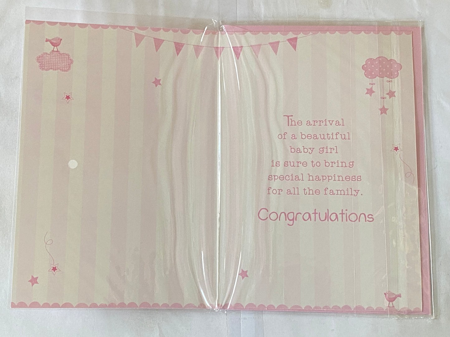 Congratulations On The Birth Of Your Beautiful Baby Sister Special Wishes New Baby Girl Born Card Pink/Silver Words/Stripes/Bunting Glitter/Foil Detail(PH41078E)