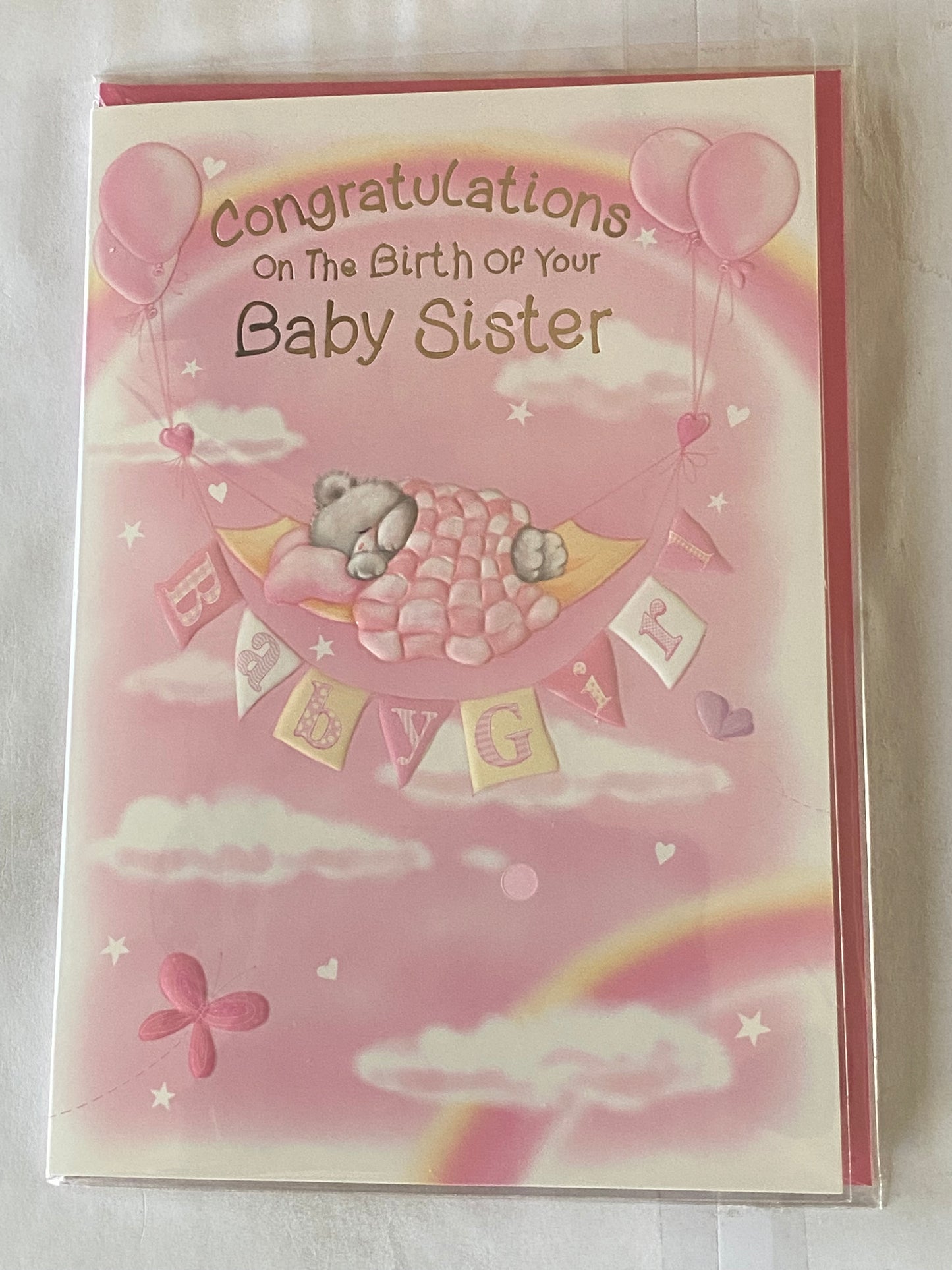 Congratulations On The Birth of Your Baby Sister New Baby Girl Born Card White+Pink Teddy/Hammock/Clouds Foil Detail(NC-VA100E)