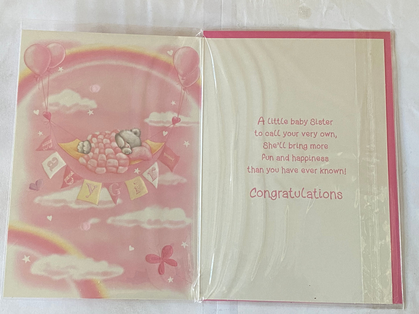 Congratulations On The Birth of Your Baby Sister New Baby Girl Born Card White+Pink Teddy/Hammock/Clouds Foil Detail(NC-VA100E)