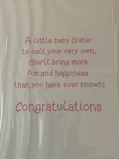 Congratulations On The Birth of Your Baby Sister New Baby Girl Born Card White+Pink Teddy/Hammock/Clouds Foil Detail(NC-VA100E)