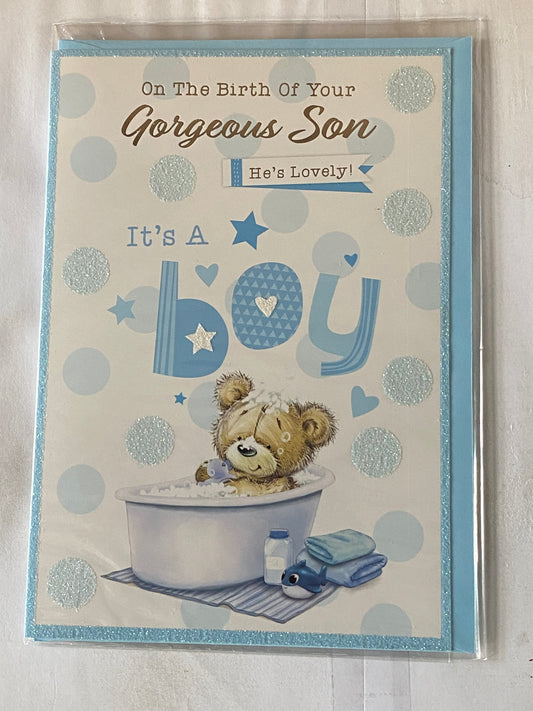 On The Birth of Your Gorgeous Son He's Lovely It's A Boy New Baby Boy Born Card Teddy/White Bath/Blue+White Whale/Blue Spots Glitter/Foil Detail(PH47359A)