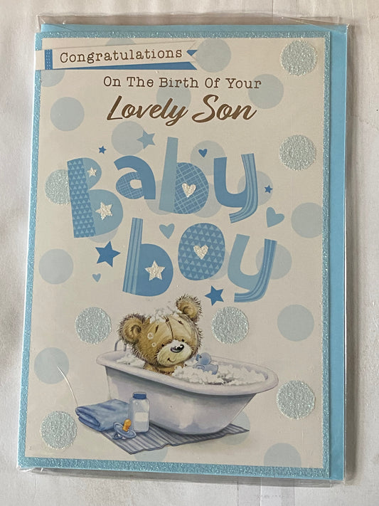 Congratulations On The Birth of Your Lovely Son Baby Boy New Baby Boy Born Card Teddy/White Bath/Blue Duck/Blue Spots Glitter/Foil Detail(PH47359E)