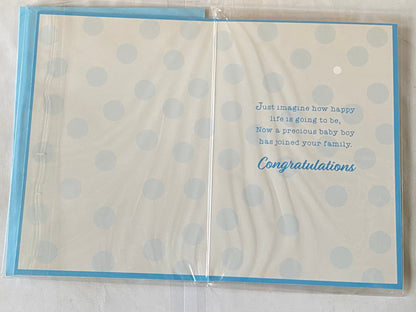 Congratulations On The Birth of Your Lovely Son Baby Boy New Baby Boy Born Card Teddy/White Bath/Blue Duck/Blue Spots Glitter/Foil Detail(PH47359E)