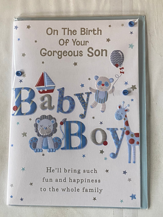 On The Birth Of Your Gorgeous Son Baby Boy New Baby Born Card White/Blue/Red Silver Words/Stars Buttons/Foil Detail(PRELUDE45533)