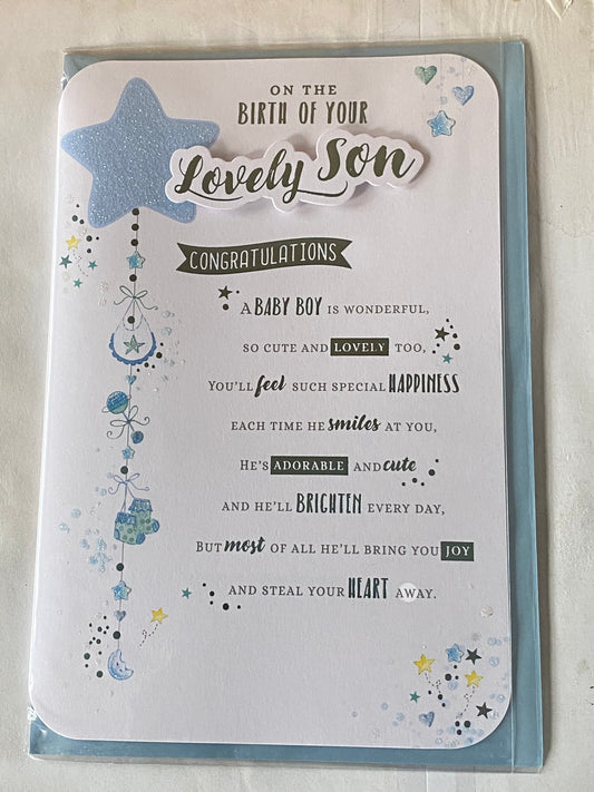 On The Birth of Your Lovely Son Congratulations New Baby Boy Born Card Blue Glitter Star/Words 3D/Glitter/Foil Detail(PRELUDE47316)