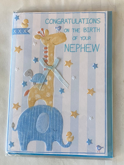 Congratulations On The Birth Of Your Nephew New Baby Boy Born Card Elephant/Giraffe/Stripes Ribbon/Glitter Detail(PRELUDE39814)