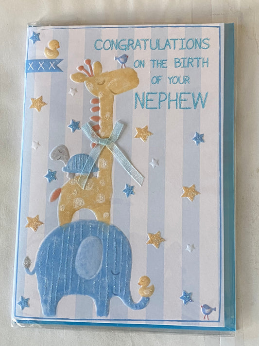 Congratulations On The Birth Of Your Nephew New Baby Boy Born Card Elephant/Giraffe/Stripes Ribbon/Glitter Detail(PRELUDE39814)