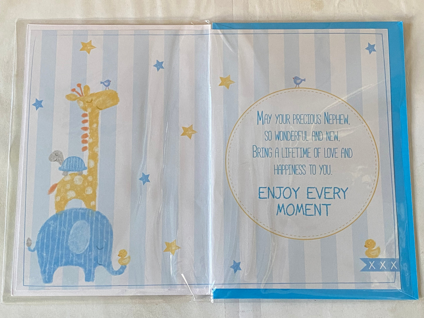 Congratulations On The Birth Of Your Nephew New Baby Boy Born Card Elephant/Giraffe/Stripes Ribbon/Glitter Detail(PRELUDE39814)