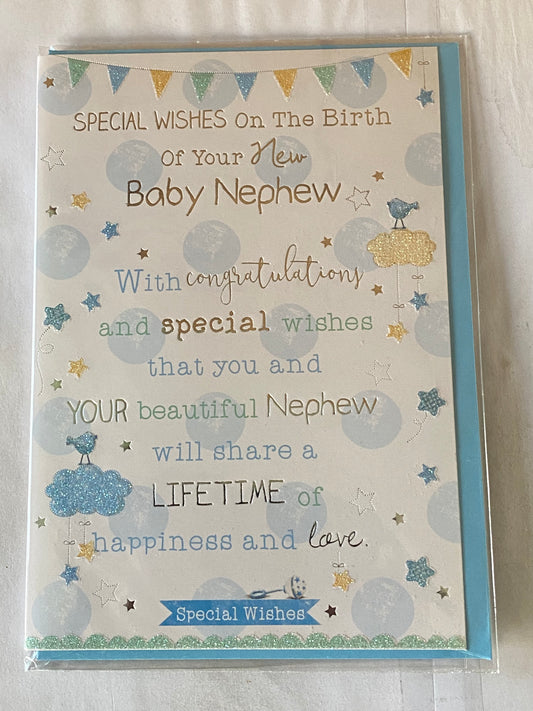 Special Wishes On The Birth Of Your New Baby Nephew New Baby Boy Born Card Blue/Green/Silver/Yellow Words/Spots/Bunting Glitter/Foil Detail(PH41080A)