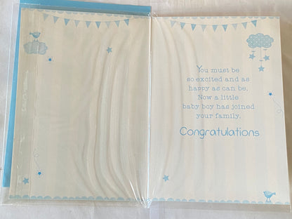 Special Wishes On The Birth Of Your New Baby Nephew New Baby Boy Born Card Blue/Green/Silver/Yellow Words/Spots/Bunting Glitter/Foil Detail(PH41080A)