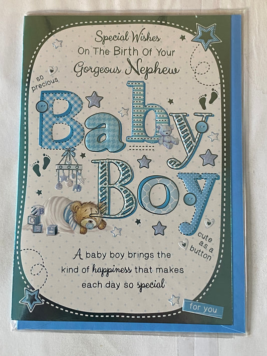 Special Wishes On The Birth of Your Gorgeous Nephew Baby Boy New Baby Born Card White/Blue Baby Teddy/Mobile Foil Detail(PH42354A)