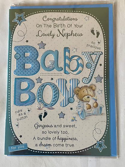 Congratulations On The Birth of Your Lovely Nephew Baby Boy New Baby Born Card White/Blue Baby Teddy/Bottle Foil Detail(PH42354E)