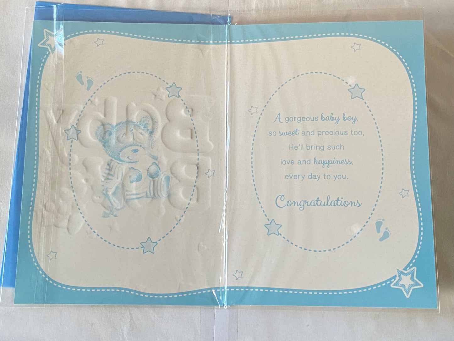 Congratulations On The Birth of Your Lovely Nephew Baby Boy New Baby Born Card White/Blue Baby Teddy/Bottle Foil Detail(PH42354E)