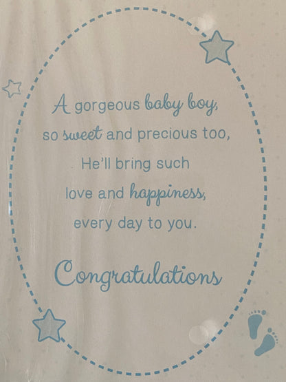 Congratulations On The Birth of Your Lovely Nephew Baby Boy New Baby Born Card White/Blue Baby Teddy/Bottle Foil Detail(PH42354E)